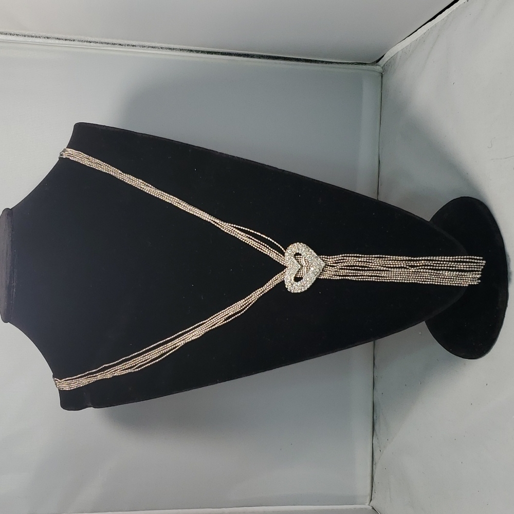 New York & company silver rhinestone heart tassel necklace